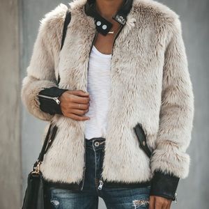 Faux Fur Leather Trim Jacket